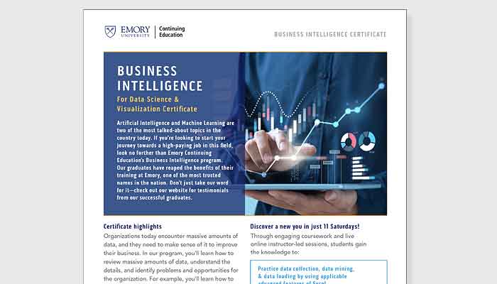 Business Intelligence for Data Science and Visualization Certificate one pager